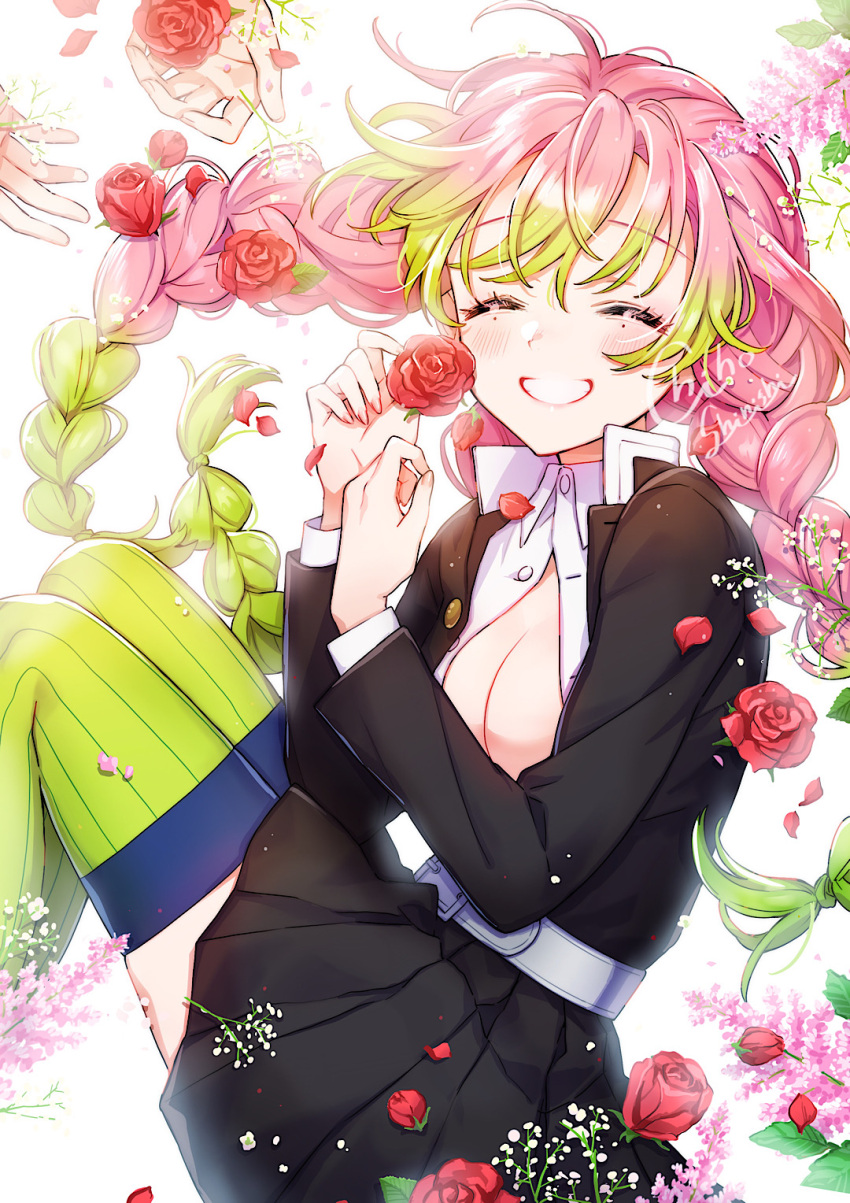 1girl ^_^ bangs belt black_jacket black_skirt blush braid breasts center_opening cleavage closed_eyes collared_shirt facing_to_the_side facing_viewer feet_out_of_frame floating_hair flower food gradient_hair green_hair hands_up happy highres holding holding_food jacket kanroji_mitsuri kimetsu_no_yaiba knees_up laughing long_hair long_sleeves mole mole_under_eye multicolored_hair multiple_braids out_of_frame partially_unbuttoned petals pink_flower pink_hair piroshiki123 pleated_skirt red_flower red_rose rose shirt sitting skirt skirt_set smile solo_focus thighhighs tri_braids two-tone_hair white_background white_footwear white_shirt