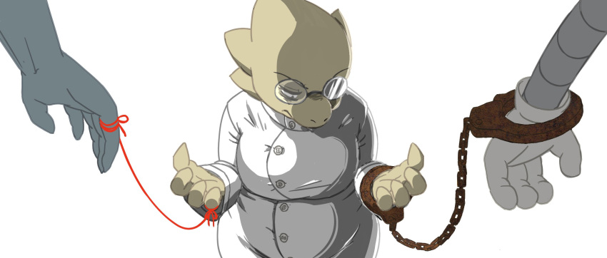 alphys ambiguous_form ambiguous_gender anthro anthro_focus belly big_breasts breasts chubby_anthro chubby_female claws clothed clothing coat cuff_(restraint) eyewear faceless_character female female_focus fully_clothed glasses gloves handcuffs handwear hi_res konbas lab_coat lizard looking_down machine metal_cuffs mettaton non-mammal_breasts reptile restraints robot rust scales scalie simple_background slightly_chubby solo_focus string string_around_finger topwear undertale undertale_(series) undyne upset video_games yellow_body yellow_scales