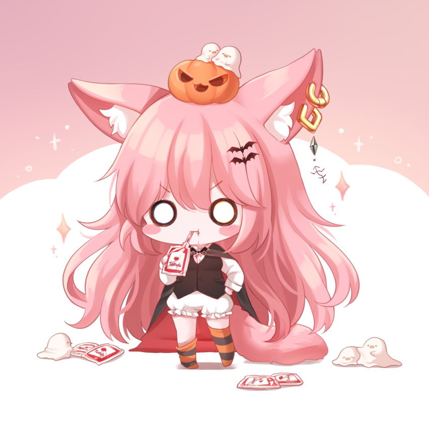 1girl :t animal_ear_fluff animal_ears black_cape black_vest blood blood_bag bloomers blush_stickers cape chibi closed_mouth collared_shirt copyright_request creature drinking ear_piercing fang fang_out full_body hand_on_hip hand_up highres honyang jack-o'-lantern long_hair long_sleeves looking_at_viewer no_shoes o_o piercing pink_background pink_hair red_cape shirt solo sparkle standing striped striped_legwear tail thighhighs thighhighs_pull tomato_juice two-tone_background underwear v-shaped_eyebrows very_long_hair vest white_background white_bloomers white_shirt