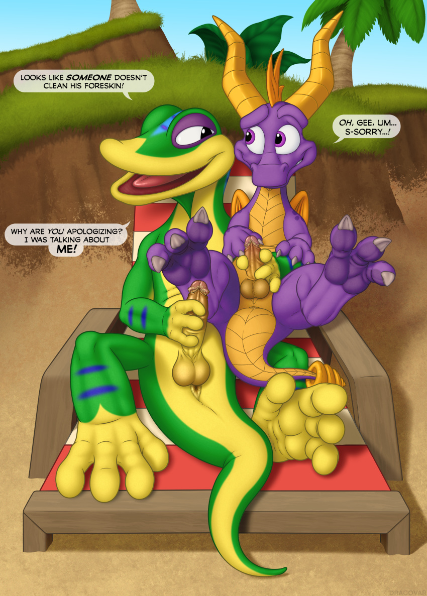 2022 absurd_res activision anthro anus balls beach bestiality chair dialogue digital_media_(artwork) dracovar_valeford dragon duo embarrassed embrace english_text feet feral foreskin furniture gecko genitals gex_(series) gex_the_gecko glans glistening glistening_genitalia glistening_penis grin hi_res holding_penis horn hug lizard looking_at_another lying male male/male masturbation mutual_masturbation nude on_back outside paws penis plant reptile retracted_foreskin scalie seaside smegma smile spread_legs spread_toes spreading spyro spyro_the_dragon text toes tree video_games wings