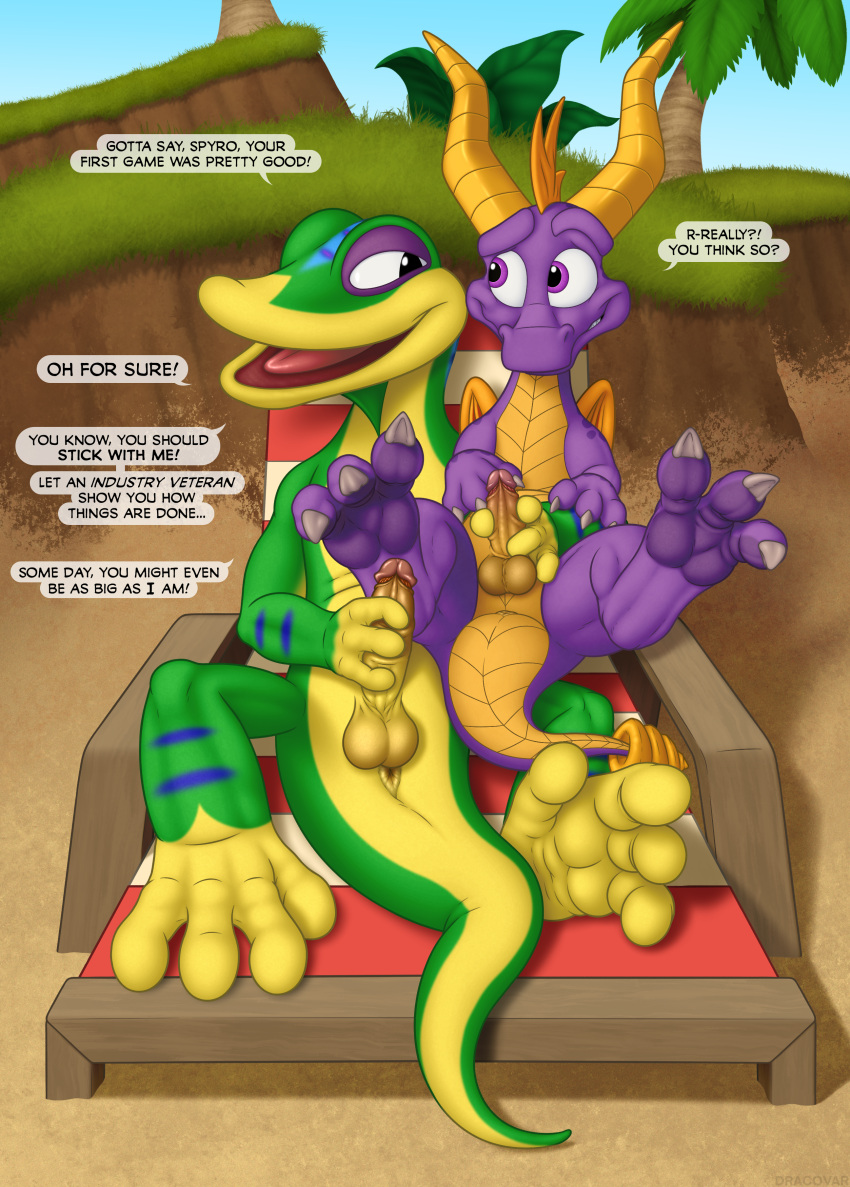 2022 absurd_res activision anthro anus balls beach bestiality chair dialogue digital_media_(artwork) dracovar_valeford dragon duo embrace english_text feet feral foreskin furniture gecko genitals gex_(series) gex_the_gecko glans glistening glistening_genitalia glistening_penis grin hi_res holding_penis horn hug lizard looking_at_another lying male male/male masturbation mutual_masturbation nude on_back outside paws penis plant reptile retracted_foreskin scalie seaside seductive smile spread_legs spread_toes spreading spyro spyro_the_dragon text toes tree video_games wings