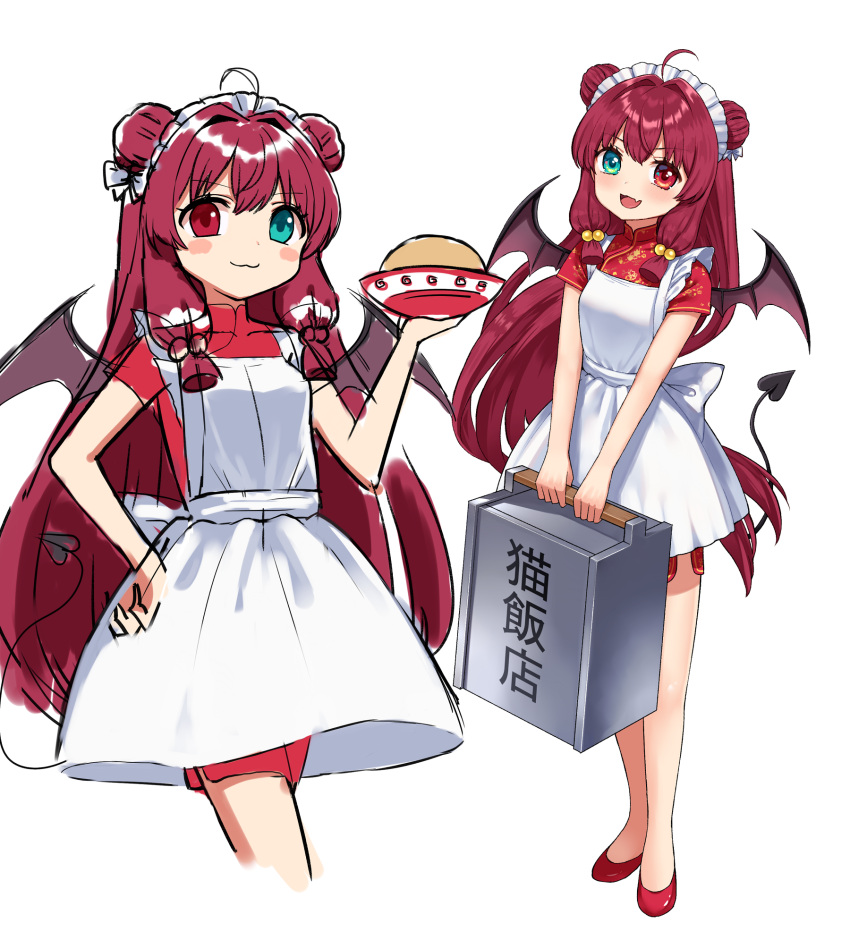 1girl :3 :d ahoge apron azu_(azusayumix) bangs blush blush_stickers bowl china_dress chinese_clothes closed_mouth commentary_request cropped_legs demon_girl demon_tail demon_wings double_bun dress eyebrows_visible_through_hair fang food green_eyes hair_bobbles hair_ornament hand_on_hip hand_up heterochromia highres holding holding_bowl looking_at_viewer maid_headdress multiple_views nijisanji purple_wings red_dress red_eyes red_footwear red_hair shoes short_sleeves sidelocks simple_background smile tail v-shaped_eyebrows virtual_youtuber white_apron white_background wings yuzuki_roa