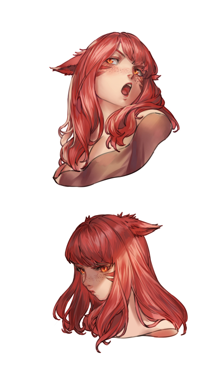 1girl absurdres animal_ears avatar_(ff14) bangs bare_shoulders blush breasts cat_ears commentary commission cropped_shoulders cropped_torso ears_down english_commentary facial_mark facing_to_the_side final_fantasy final_fantasy_xiv freckles highres lipstick long_hair looking_afar looking_away makeup miqo'te multiple_views off_shoulder open_mouth orange_eyes portrait pout red_eyes red_hair round_teeth seneka_grafika shade sideways_glance simple_background slit_pupils teeth tongue whisker_markings white_background