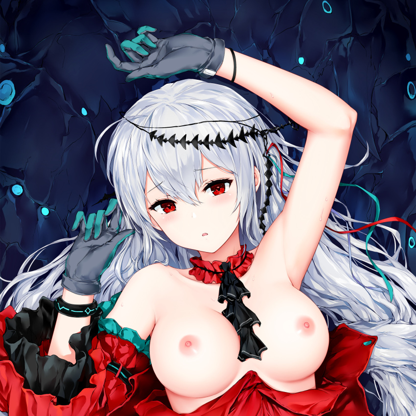 1girl absurdres aqua_gloves arknights arm_above_head ascot black_ascot black_gloves black_wristband blue_ribbon blush breasts breasts_out clothes_pull collar d: dark_background detached_collar detached_sleeves dress dress_pull gloves grey_hair hair_between_eyes hands_up highres infection_monitor_(arknights) long_hair looking_at_viewer medium_breasts nipples parted_lips red_collar red_dress red_eyes red_ribbon red_sleeves ribbon shibanme_tekikumo solo teo-tone_gloves upper_body