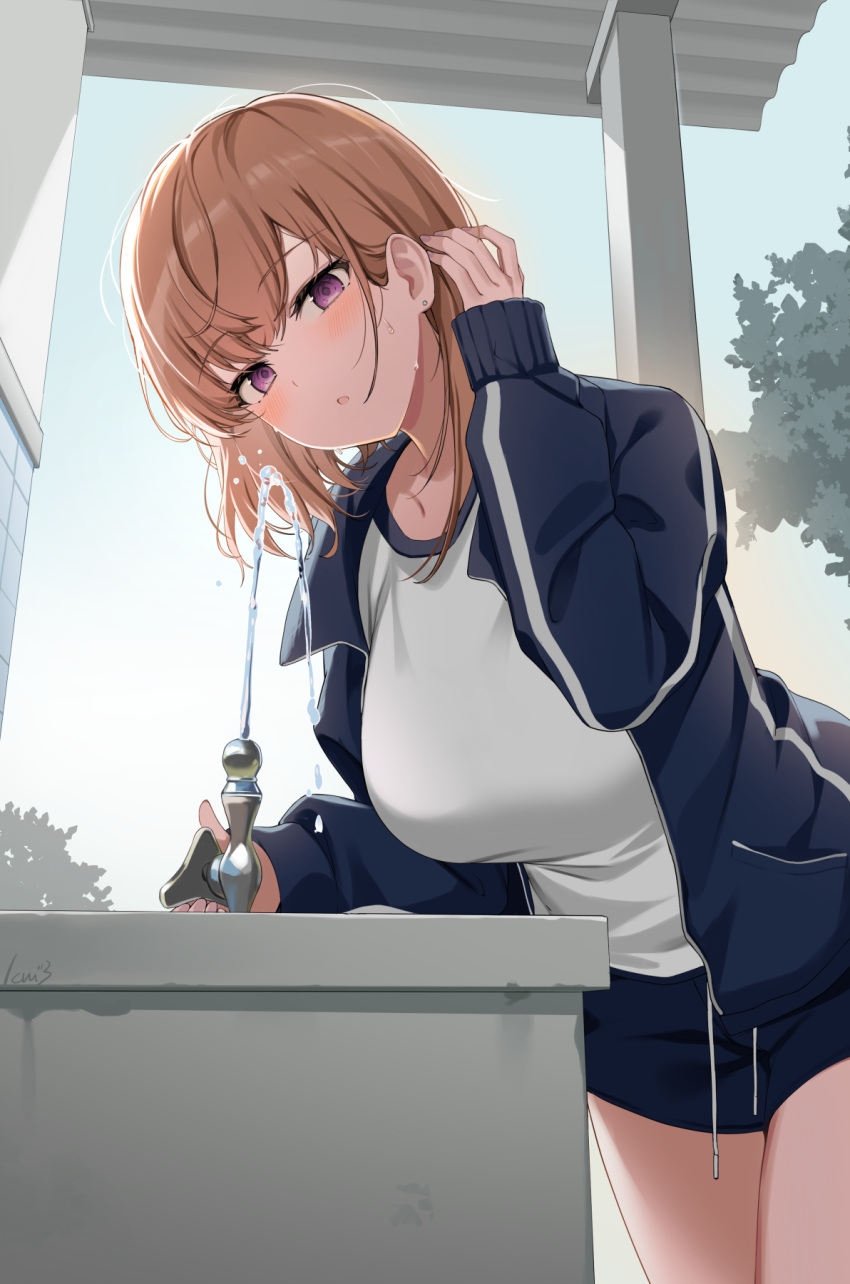 1girl :o banned_artist blue_jacket blue_shorts blush breasts brown_hair commentary cowboy_shot day drinking_fountain ear_piercing eyebrows_visible_through_hair eyelashes gym_uniform hand_in_hair highres icomochi jacket large_breasts leaning_forward long_sleeves looking_at_viewer medium_hair open_clothes open_jacket open_mouth original outdoors piercing purple_eyes shirt short_shorts shorts signature solo standing thighs track_jacket tree white_shirt