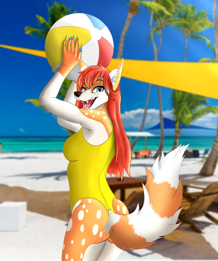 absurd_res ailurid anthro ball beach beach_ball bikini clothed clothing curvaceous curvy_figure digital_media_(artwork) dot drawing female giant_panda hair hi_res inflatable lucareelo mammal orange_body outside photo_background procyonid raccoon red_hair red_panda redpanda sand sea seaside sky smile solo spots spotted_body swimwear ursid voluptuous water