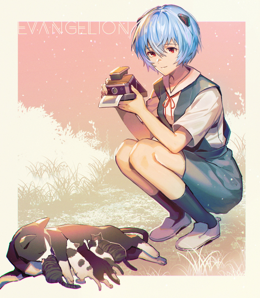 1girl ayanami_rei black_legwear blue_hair blue_skirt camera cat closed_mouth copyright_name full_body grass grey_footwear highres holding holding_camera interface_headset kitten neck_ribbon neon_genesis_evangelion panco508 rebuild_of_evangelion red_eyes red_ribbon ribbon school_uniform shirt short_hair short_sleeves skirt smile socks solo squatting suspender_skirt suspenders taking_picture tokyo-3_middle_school_uniform_(evangelion) white_footwear white_shirt