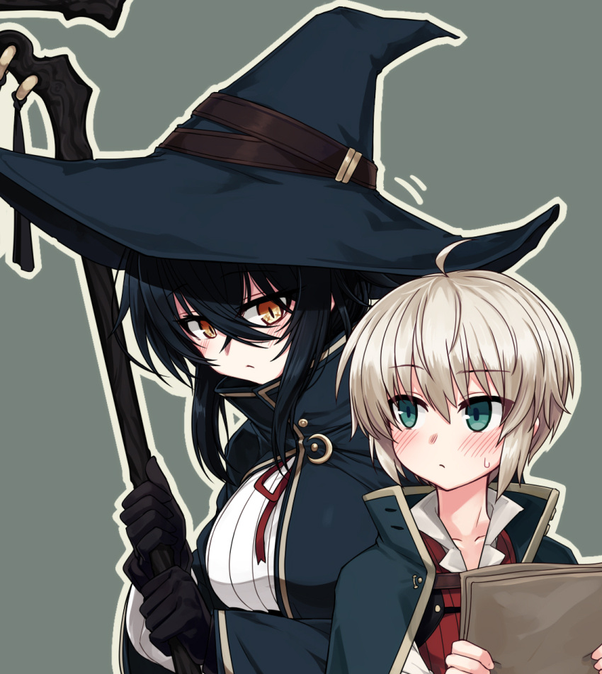 1boy 1girl ahoge bangs black_cape black_gloves black_hair blonde_hair blush breasts brown_eyes cape gloves green_eyes hair_between_eyes hat highres large_breasts long_hair null_(nyanpyoun) original papers sidelocks simple_background staff witch_hat