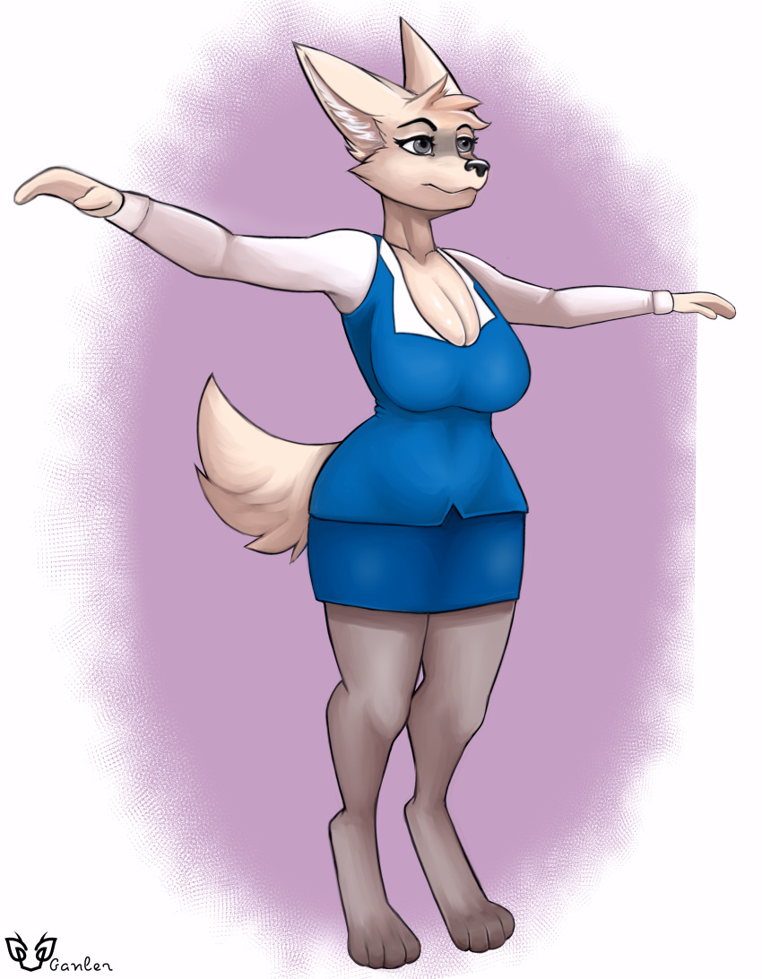 absurd_res aggressive_retsuko anthro braless breasts canid canine cleavage clothed clothing digitigrade female fennec fenneko fox ganler hi_res mammal sanrio solo standing t-pose