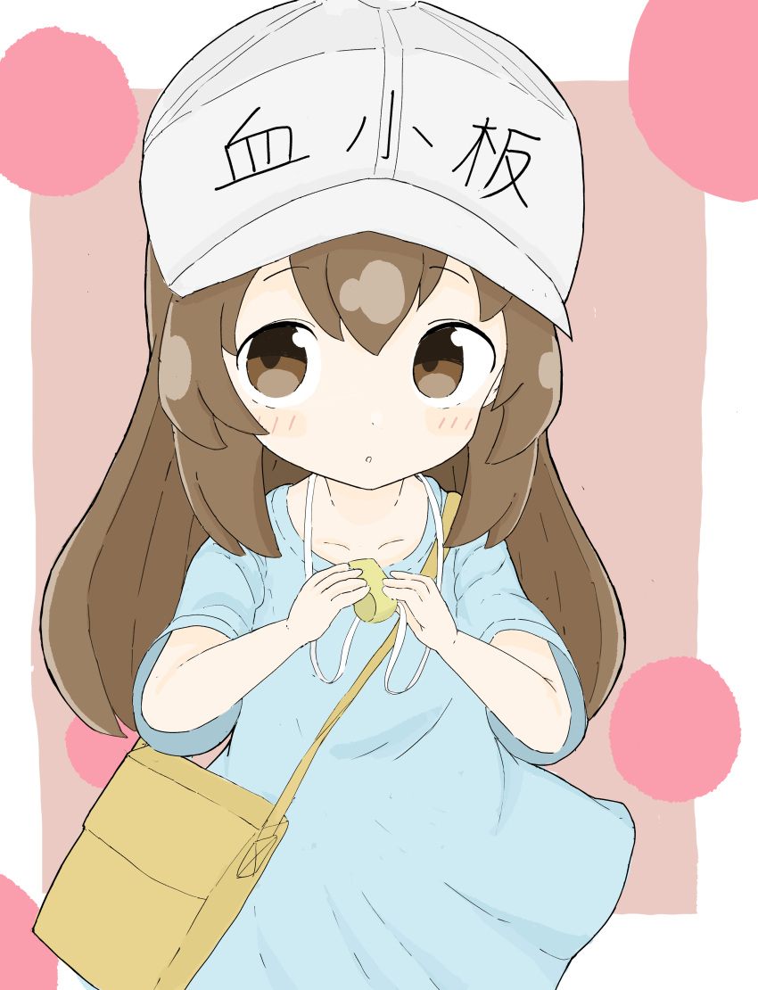 1girl :o absurdres bag bangs blue_shirt blush brown_background brown_eyes brown_hair clothes_writing commentary_request eyebrows_visible_through_hair flat_cap hair_between_eyes hat hataraku_saibou highres holding long_hair looking_at_viewer parted_lips platelet_(hataraku_saibou) rururu_(pyrk8855) shirt short_sleeves shoulder_bag solo two-tone_background very_long_hair whistle whistle_around_neck white_background white_headwear