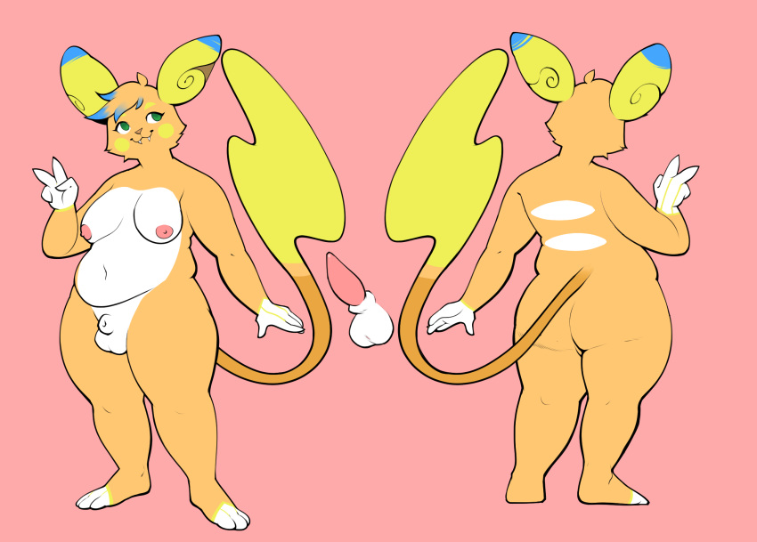 2021 3_toes 4_fingers alolan_raichu alternate_species animal_genitalia anthro areola auria_jansson balls belly blue_body blue_fur breasts butt cheek_spots cheek_tuft dipstick_ears erection eyebrows facial_tuft feet fingers front_view fur genitals gesture gynomorph head_tuft hi_res intersex magnetiorchid model_sheet multicolored_ears navel nintendo nipples nude orange_body orange_fur penis pink_background pok&eacute;mon pok&eacute;mon_(species) rear_view regional_form_(pok&eacute;mon) sheath simple_background slightly_chubby solo standing tapering_penis thick_thighs toes trans_(lore) trans_woman_(lore) tuft v_sign video_games white_body white_fur yellow_body yellow_fur