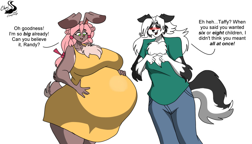 absurd_res anthro blush canid canine canis chrisandcompany clothing dialogue domestic_dog duo female hi_res lagomorph leporid male mammal rabbit