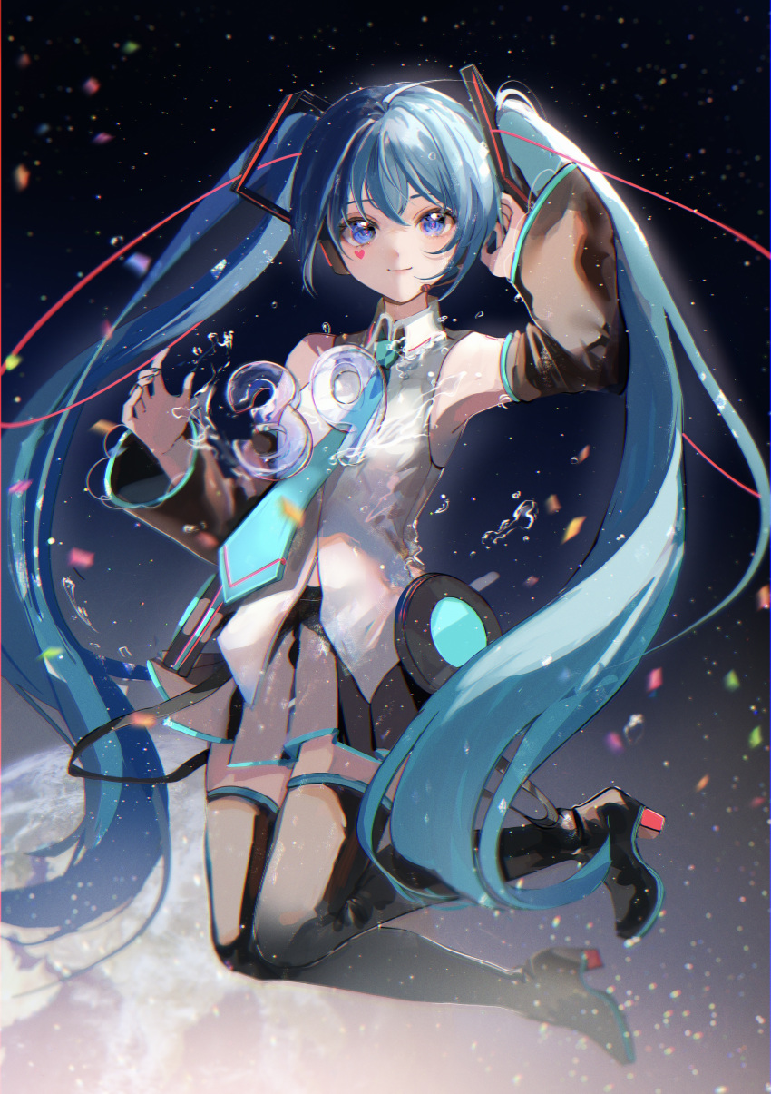 1girl 39 absurdres arm_up bangs bare_shoulders black_footwear black_legwear black_skirt blue_eyes blue_hair blue_nails blue_necktie blush boots closed_mouth collared_shirt commentary_request confetti detached_sleeves floating hair_between_eyes hair_ornament hand_up hatsune_miku heart high_heel_boots high_heels highres kikinoki long_hair long_sleeves looking_at_viewer nail_polish necktie planet pleated_skirt shirt skirt sleeveless sleeveless_shirt smile solo space thigh_boots thighhighs twintails very_long_hair vocaloid water white_shirt