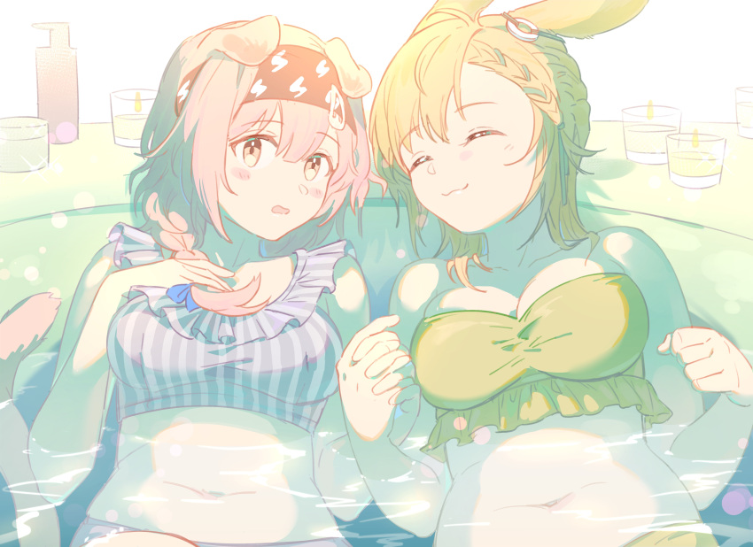 2girls :3 absurdres animal_ears arknights bangs bare_arms bare_shoulders bathing bathtub bikini black_hairband blonde_hair blush braid breasts brown_eyes candle cat_ears cat_girl cat_tail cleavage closed_eyes closed_mouth collarbone eyebrows_visible_through_hair frilled_bikini frills goldenglow_(arknights) haidan_uniiii hairband hand_on_own_chest highres holding_hands kroos_(arknights) kroos_the_keen_glint_(arknights) lightning_bolt_print long_hair looking_at_viewer medium_breasts multiple_girls navel open_mouth partially_submerged pink_hair purple_bikini rabbit_ears short_hair side_braid simple_background smile soap_bottle stomach striped striped_bikini swimsuit tail upper_body vertical-striped_bikini vertical_stripes water white_background yellow_bikini