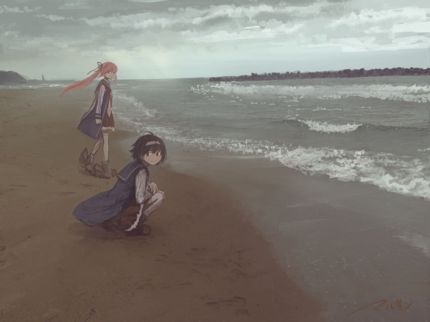 2girls artist_name bag beach blue_vest brown_eyes brown_hair brown_skirt closed_mouth cloud cloudy_sky commentary_request day grey_sky hairband hiyou_(warship_girls_r) jun'you_(warship_girls_r) kneeling long_hair long_sleeves looking_at_viewer looking_to_the_side marusan_liliil multiple_girls ocean outdoors pink_hair pleated_skirt ponytail shirt short_hair signature skirt sky smile squatting standing thighhighs vest warship_girls_r waves white_legwear white_shirt