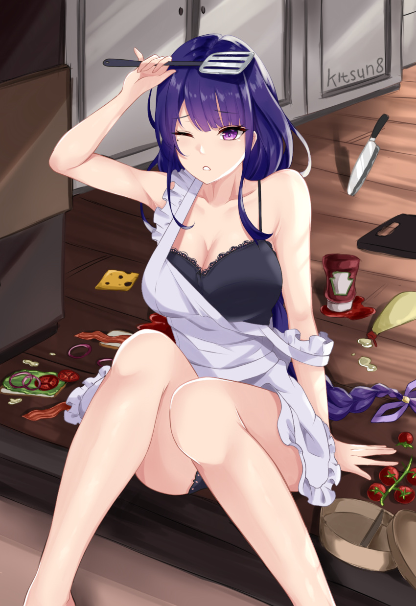 1girl apron artist_name bacon bangs black_camisole blunt_bangs braid braided_ponytail bread breasts camisole cheese cleavage cutting_board failure food genshin_impact hand_up highres holding holding_spatula ketchup ketchup_bottle kitchen kitsun8 knife large_breasts legs lettuce long_hair mayonnaise mole mole_under_eye no_pants one_eye_closed onion panties pantyshot parted_lips purple_eyes purple_hair raiden_shogun raised_eyebrows sandwich single_bare_shoulder sitting solo spatula strap_slip thighs tomato underwear white_apron wooden_floor