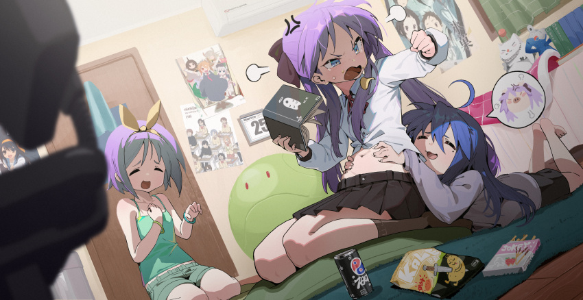 3girls absurdres ahoge anger_vein angry barefoot blue_eyes blue_hair book camisole can elma_(maidragon) green_camisole green_shorts hair_between_eyes highres hiiragi_kagami hiiragi_tsukasa holding holding_book indoors izumi_konata kanna_kamui kobayashi-san_chi_no_maidragon long_hair long_sleeves lucky_star lucoa_(maidragon) lying midriff mole mole_under_eye multiple_girls navel on_stomach open_mouth poster_(object) purple_hair shorts sitting sleeveless stuffed_animal stuffed_toy suzumiya_haruhi suzumiya_haruhi_no_yuuutsu sweatdrop tohru_(maidragon) twintails wariza waterkuma yellow_eyes