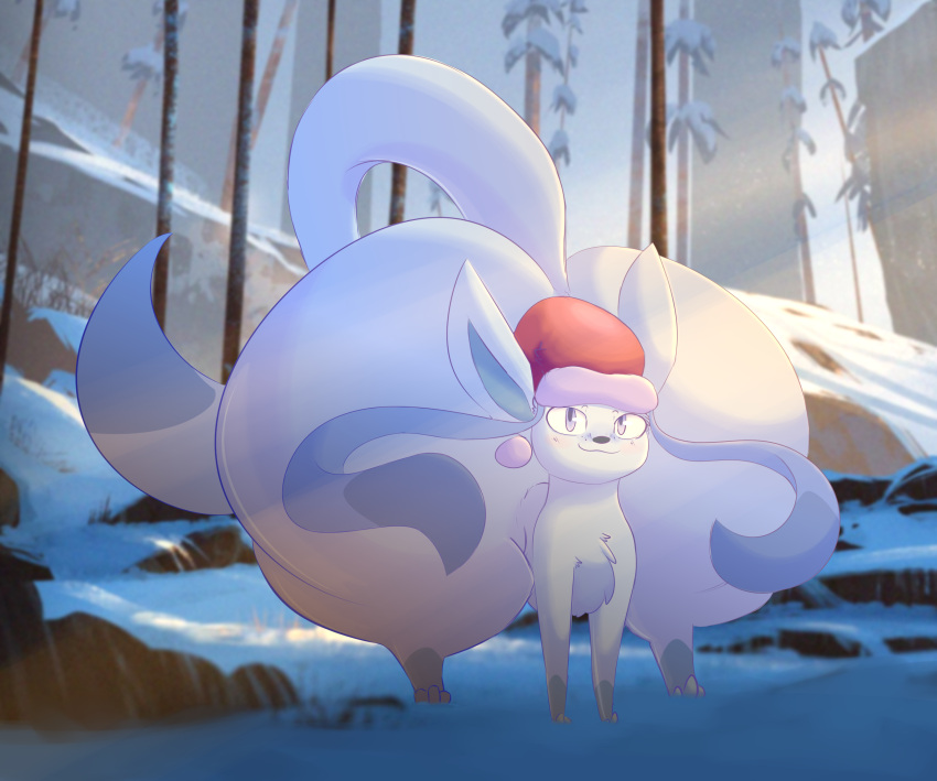 all_fours ambiguous_gender big_butt blue_body blue_eyes butt christmas christmas_clothing christmas_headwear clothing eeveelution feral forest glaceon hat headgear headwear hi_res holidays huge_butt huge_hips huge_thighs hyper hyper_butt looking_at_viewer nintendo nude plant pok&eacute;mon pok&eacute;mon_(species) santa_hat smile snow snowii solo thick_thighs tree video_games wide_hips