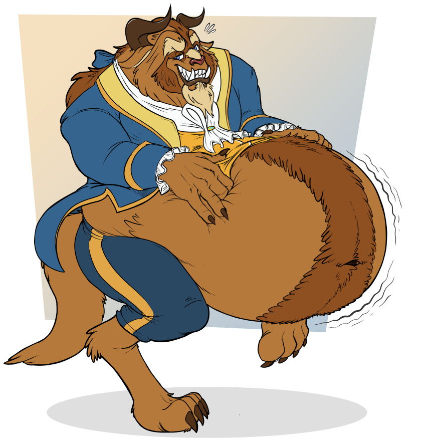 2022 anthro beast_(disney) belly big_belly chubby_anthro chubby_male claws clothed clothing eggo21 facial_hair fangs fur goatee hair hand_on_stomach hi_res horn hybrid looking_aside male monster navel nervous_smile nervous_sweat one_leg_up overweight overweight_anthro overweight_male raised_leg slightly_chubby solo tiptoes