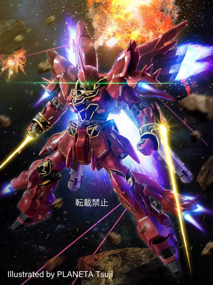 asteroid commentary_request externally_piloted_mecha fantasy full_body glowing glowing_eyes gundam gundam_unicorn highres looking_at_viewer mecha mechanical mobile_suit no_humans planeta_tsuji power_suit robot science_fiction sinanju space straight-on translation_request vehicle_focus