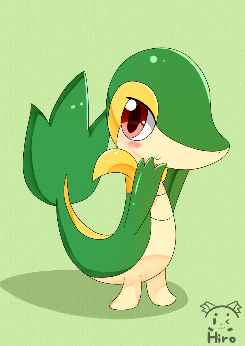 3_fingers absurd_res ambiguous_gender blush feral fingers green_background green_body hi_res nintendo nyanhiro pok&eacute;mon pok&eacute;mon_(species) red_eyes reptile scalie simple_background snivy solo video_games