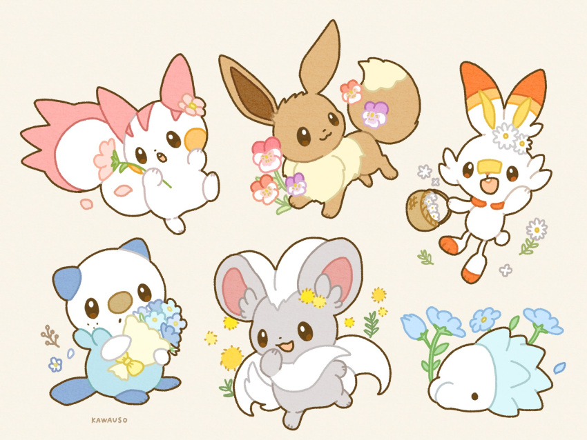 :3 alternate_color basket blue_flower bouquet buck_teeth cinccino eevee flower fur grey_background highres holding holding_basket holding_bouquet holding_flower kawauso_irasuto no_humans open_mouth oshawott pachirisu petals pink_flower pokemon pokemon_(creature) purple_flower scorbunny shiny_pokemon signature simple_background snom symbol-only_commentary teeth white_flower