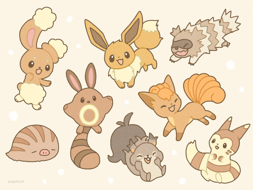 buck_teeth buneary claws closed_eyes eevee fur furret highres kawauso_irasuto no_humans open_mouth pokemon pokemon_(creature) sentret signature simple_background skwovet snout swinub teeth two-tone_background vulpix zigzagoon