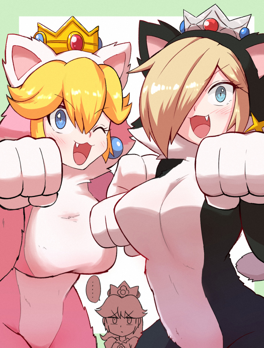 ... 3girls :3 animal_costume animal_ears bangs black_bodysuit blonde_hair blue_eyes blush bodysuit breasts cat_costume cat_ears crown earrings eyebrows_visible_through_hair fake_animal_ears fang hair_between_eyes hair_over_one_eye highres jewelry kurachi_mizuki large_breasts looking_at_viewer mario_(series) multiple_girls one_eye_closed open_mouth paw_pose pink_bodysuit princess_daisy princess_peach rosalina star_(symbol) star_earrings super_mario_3d_world