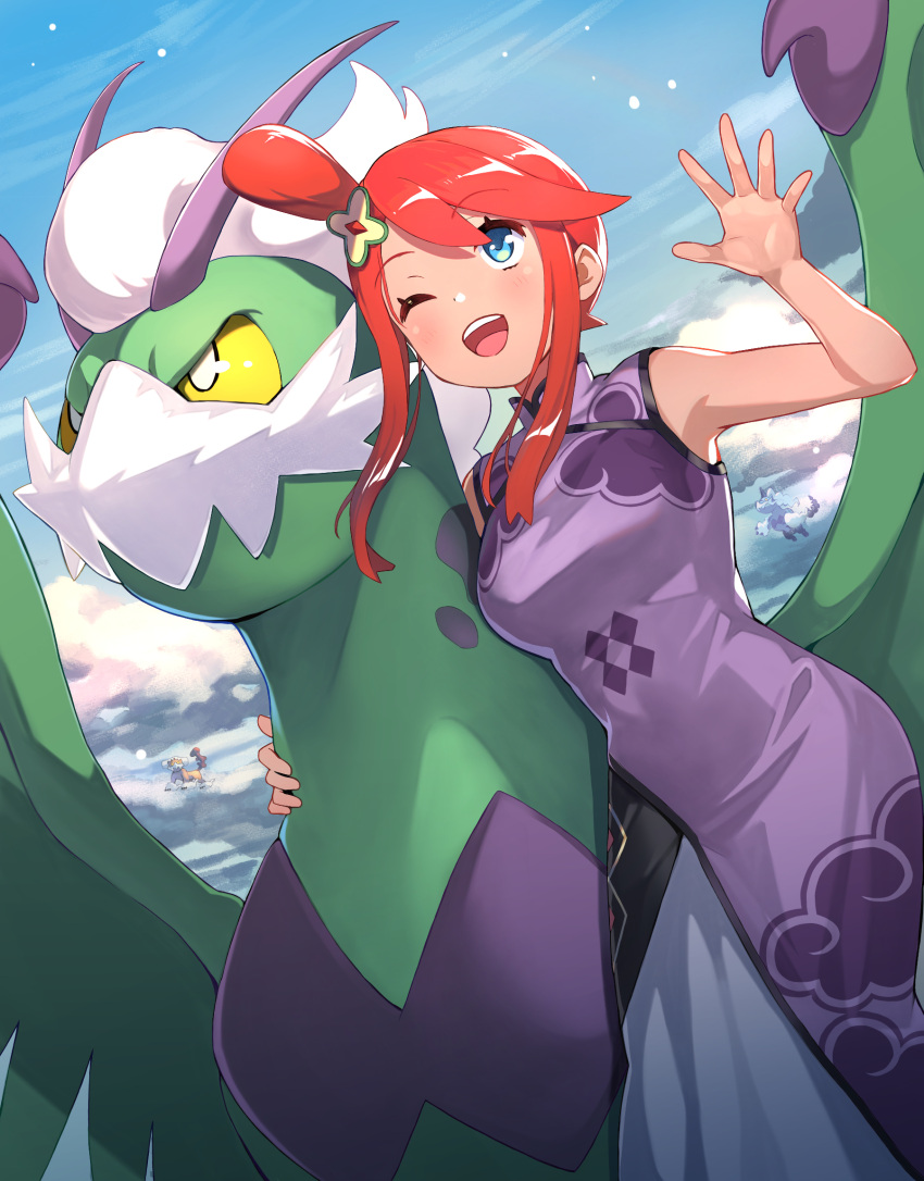 1girl ;d blue_eyes blue_sky blush breasts china_dress chinese_clothes cloud dress flying hair_ornament hand_up highres hirono_(hxze4434) landorus landorus_(therian) medium_breasts official_alternate_costume one_eye_closed open_mouth pokemon pokemon_(creature) pokemon_(game) pokemon_masters_ex purple_dress red_hair riding sidelocks sky skyla_(pokemon) smile tan thundurus thundurus_(therian) tied_hair tornadus tornadus_(therian)