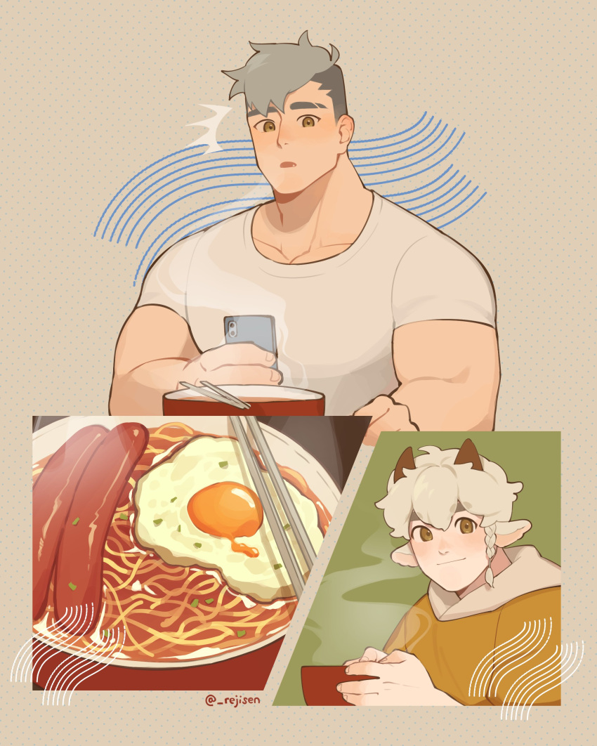 2boys :o absurdres animal_ears bangs bara blush bowl brown_eyes chopsticks closed_mouth egg food goat_boy goat_ears goat_horns grey_hair highres holding holding_bowl holding_phone horns hot_dog large_pectorals male_focus multiple_boys muscular muscular_male neil_bowman noodles pectorals phone ramen reji_(_rejisen) shirt short_hair twitter_username undercut vladimir_elliot_kirilenko wan_sheng_jie white_hair white_shirt