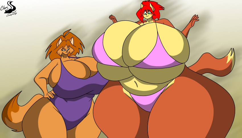 absurd_res anthro big_breasts bikini breasts chrisandcompany clothing daryl_vecat domestic_cat duo felid feline felis female hi_res huge_breasts mammal size_difference swimwear