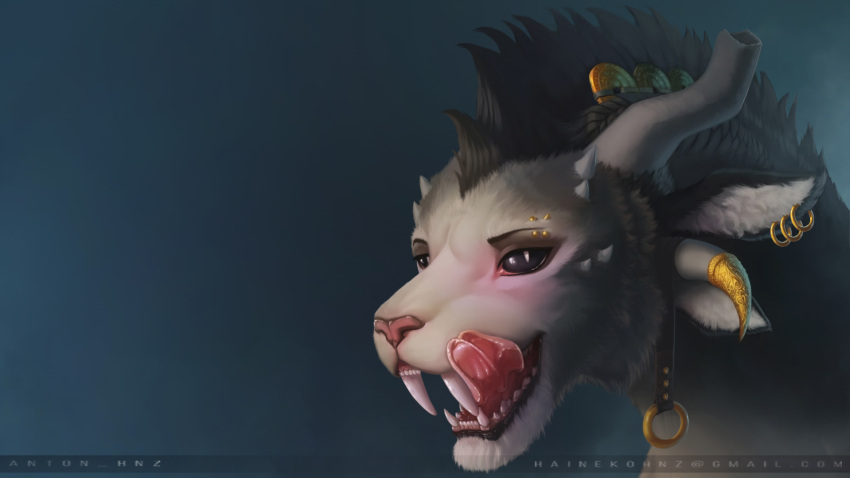 4_ears 4_horns anthro broken_horn charr ear_piercing fangs felid female gradient_background guild_wars hi_res hnz horn looking_at_viewer mammal multi_ear multi_horn piercing portrait simple_background solo tongue tongue_out video_games