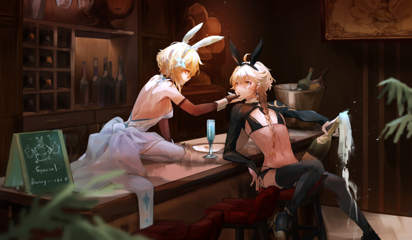 1boy 1girl aether_(genshin_impact) alcohol backless_dress backless_outfit bare_shoulders bikini bikini_top_only black_bikini black_legwear blonde_hair braid braided_ponytail brother_and_sister chair champagne counter crossdressing cup dress drink drinking_glass elbow_gloves genshin_impact gloves hand_on_another's_face highres indoors kizuku_vii leotard looking_at_another lumine_(genshin_impact) otoko_no_ko outstretched_hand shelf siblings sign sitting sleeveless sleeveless_dress swimsuit tavern thighhighs white_dress white_legwear yellow_eyes