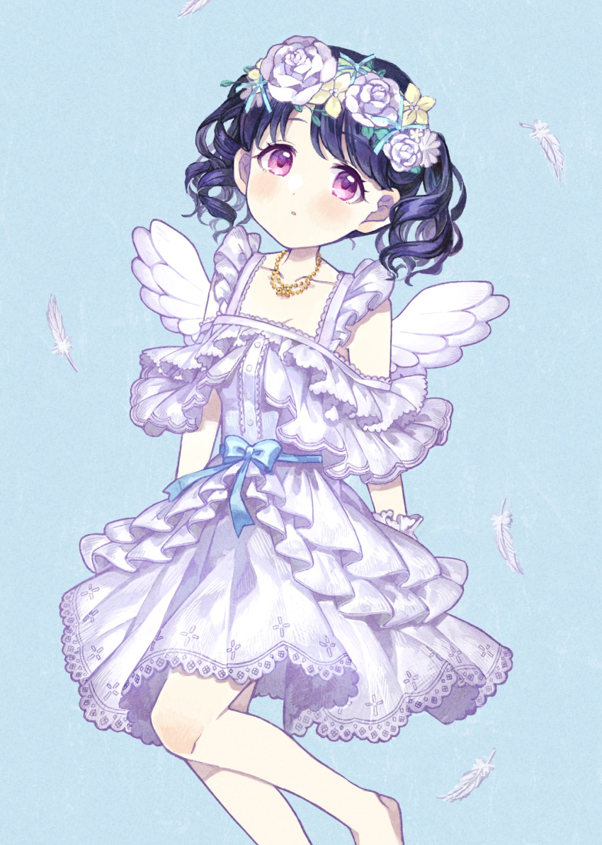 1girl angel_wings barefoot black_hair blue_background dress feathers flower flower_wreath frilled_dress frills fukumaru_koito hair_flower hair_ornament highres idolmaster idolmaster_shiny_colors jewelry looking_at_viewer necklace purple_eyes sasasasa sleeveless sleeveless_dress solo twintails white_dress wings