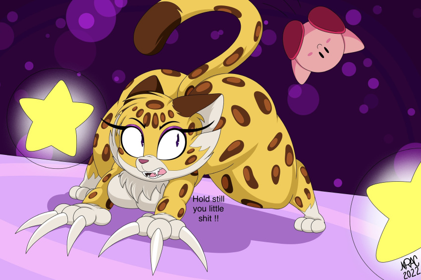 2022 all_fours ambiguous_gender anthro ass_up big_butt breasts butt chest_tuft clawroline claws dialogue duo eyelashes fangs felid female fur hi_res jumping kirby kirby_(series) leopard long_claws looking_back mammal nintendo nr_ac nude open_mouth pantherine paws profanity raised_tail smile star text thick_thighs tongue tuft upside_down video_games wide_hips