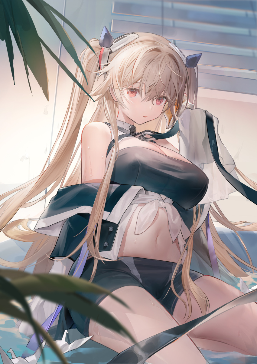 1girl absurdres anchorage_(azur_lane) azur_lane bangs bare_shoulders bathtub black_ribbon black_shorts blue_coat bound bound_arms breasts brown_hair cleavage coat commentary_request covered_nipples crossed_bangs eyebrows_behind_hair groin hair_between_eyes hand_up headgear highres indoors large_breasts long_hair long_sleeves looking_at_viewer midriff navel off_shoulder origami paper_crane parted_lips purple_eyes ribbon shirt short_shorts shorts sidelocks sitting sleeves_past_fingers sleeves_past_wrists solo twintails very_long_sleeves water wet white_shirt you_zhaqi