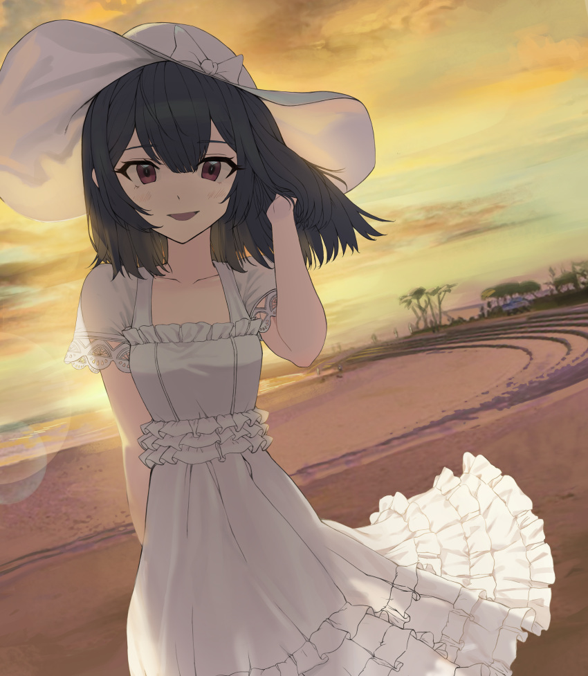 1girl :d absurdres bangs black_hair bow brown_eyes cloud collarbone dress flat_chest hand_in_hair hat hat_bow highres idolmaster idolmaster_shiny_colors looking_at_viewer morino_rinze open_mouth outdoors short_hair short_sleeves smile solo standing sun sundress sunset td_(tandeom97) tree white_bow white_dress white_headwear yellow_sky