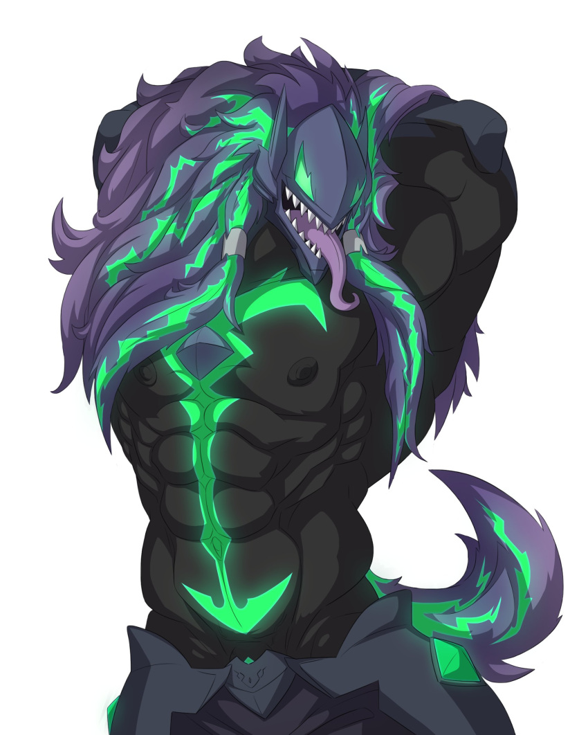 abs absurd_res anthro biceps black_body blazblue clothed clothing demon gflouf glowing green_eyes hair hands_behind_back hands_behind_head hi_res horn humanoid looking_at_viewer male monochrome multicolored_body muscular muscular_humanoid muscular_male nipples pecs presenting raised_arm serratus sharp_teeth simple_background solo susano'o teeth tongue tongue_out triceps two_tone_body video_games
