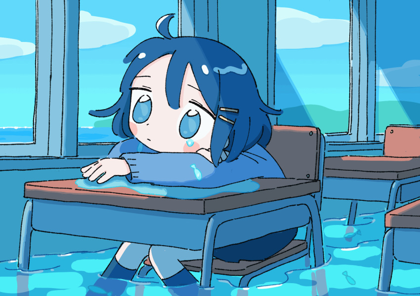 1girl 1nupool ahoge animal animated animated_gif arm_rest black_legwear black_skirt blinking blue_eyes blue_hair blue_sky blue_theme chair classroom closed_mouth cloud cloudy_sky crossed_arms crying crying_with_eyes_open dark_blue_hair day desk dot_nose feet_out_of_frame fish from_side hair_ornament hairclip head_rest highres horizon indoors kneehighs knees_together_feet_apart long_sleeves looking_ahead looping_animation miniskirt mountainous_horizon no_pupils ocean on_chair original outstretched_arm partially_immersed pleated_skirt sad school school_chair school_desk school_swimsuit shade short_hair sidelighting sitting skirt sky soaking_feet solo surreal swimsuit tareme tears water window