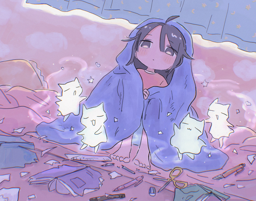 1girl 1nupool :3 ahoge animal_ears barefoot black_eyes black_hair blanket boxcutter cat_ears chromatic_aberration commentary dutch_angle ghost highres indoors notebook original pen pencil ruler scissors