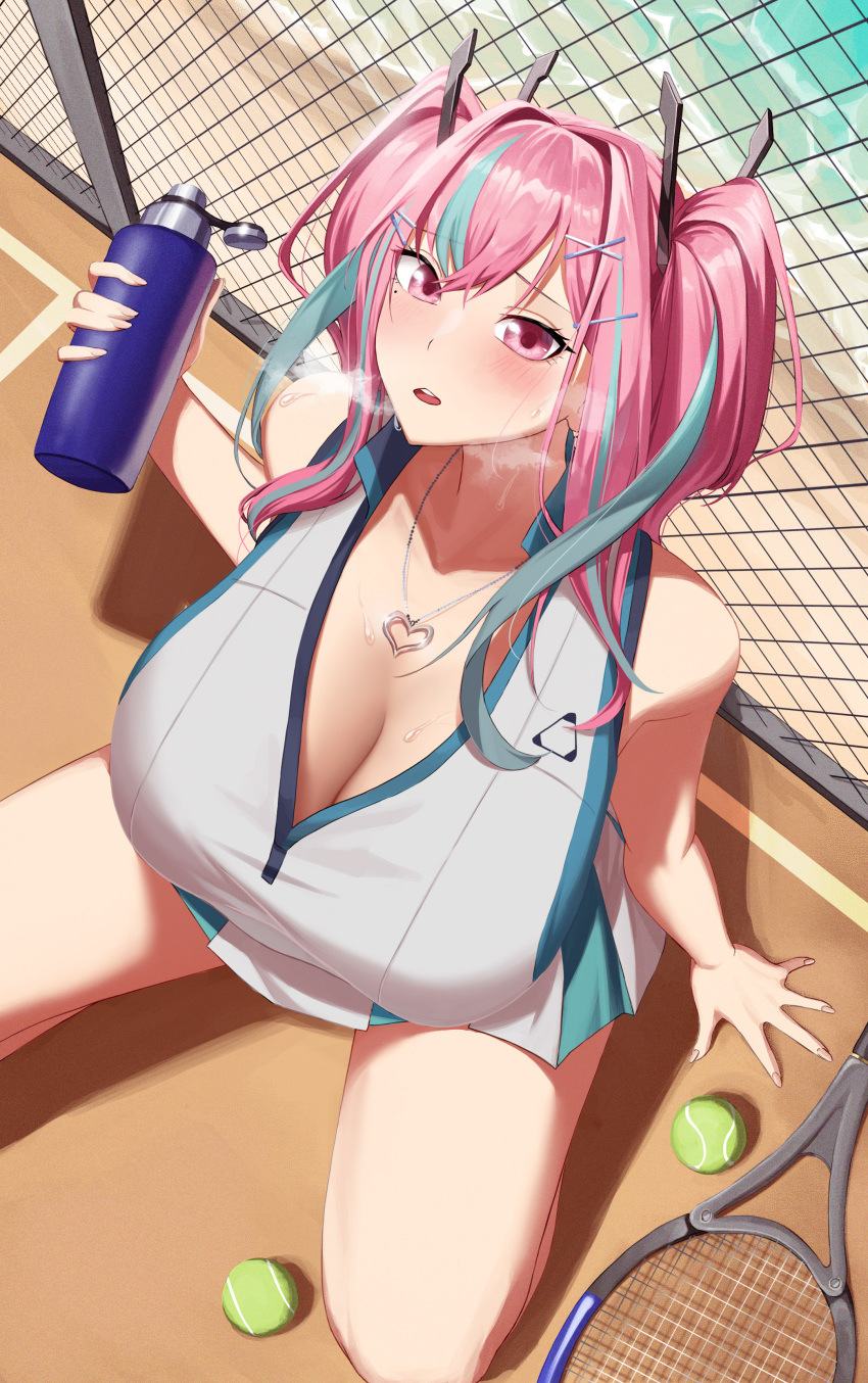 1girl absurdres azur_lane ball blue_hair bottle breasts bremerton_(azur_lane) bremerton_(scorching-hot_training)_(azur_lane) chain-link_fence cleavage crop_top crop_top_overhang fence from_above hair_ornament heart heart_necklace highres holding holding_bottle huge_breasts long_hair looking_at_viewer looking_up mm_(mhm2592) mole mole_under_eye multicolored_hair pink_eyes pink_hair racket shadow shirt sleeveless sleeveless_shirt solo sportswear squatting streaked_hair tennis_ball tennis_court tennis_racket tennis_uniform twintails two-tone_hair two-tone_shirt two-tone_skirt water_bottle x_hair_ornament