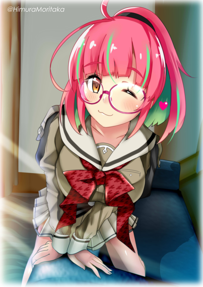 1girl absurdres ahoge blouse bow bowtie breasts brown_eyes glasses green_blouse green_hair grey_sailor_collar grey_skirt highres himura_moritaka indoors juliet_sleeves kantai_collection large_breasts long_sleeves miniskirt multicolored_hair one_eye_closed pink-framed_eyewear pink_hair pleated_skirt ponytail puffy_sleeves red_bow red_bowtie sailor_collar short_hair skirt smile solo streaked_hair ume_(kancolle)