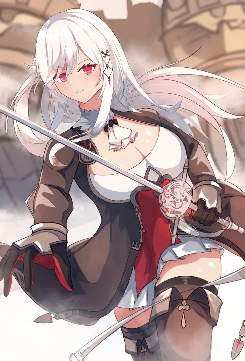 1girl absurdres azur_lane black_legwear blush breasts butterfly_hair_ornament check_commentary cleavage commentary_request dunkerque_(azur_lane) gloves grey_hair hair_ornament hane_(feathe02) highres holding holding_sword holding_weapon large_breasts long_hair long_sleeves looking_at_viewer red_eyes smile sword weapon