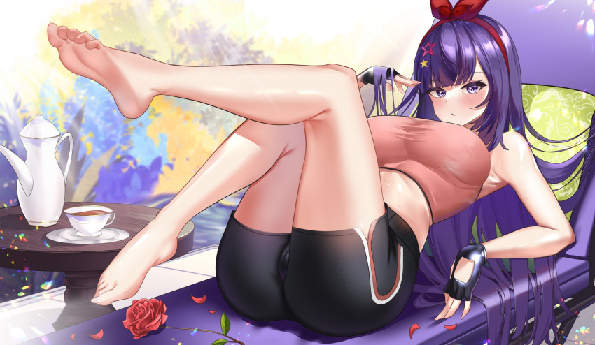 1girl a-soul ass asuo bangs bare_shoulders barefoot bella_(a-soul) bike_shorts black_gloves black_shorts blunt_bangs blush bow breasts cameltoe closed_mouth commentary_request crop_top cup feet fingerless_gloves flower gloves hair_bow hair_ornament hairband hand_in_hair hand_up highres large_breasts legs legs_up long_hair looking_at_viewer midriff petals pink_shirt purple_eyes purple_hair reclining red_bow red_gloves red_hairband rose shiny shiny_skin shirt short_shorts shorts soles solo star_(symbol) star_hair_ornament table taut_clothes taut_shirt tea teacup teapot toenails very_long_hair wooden_table
