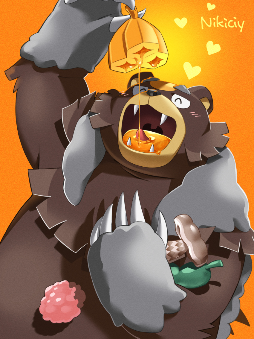 &lt;3 2022 anthro biped brown_body eating eyes_closed food hi_res honey_(food) kemono mammal nikiciy nintendo overweight pok&eacute;mon pok&eacute;mon_(species) solo ursaluna ursid video_games