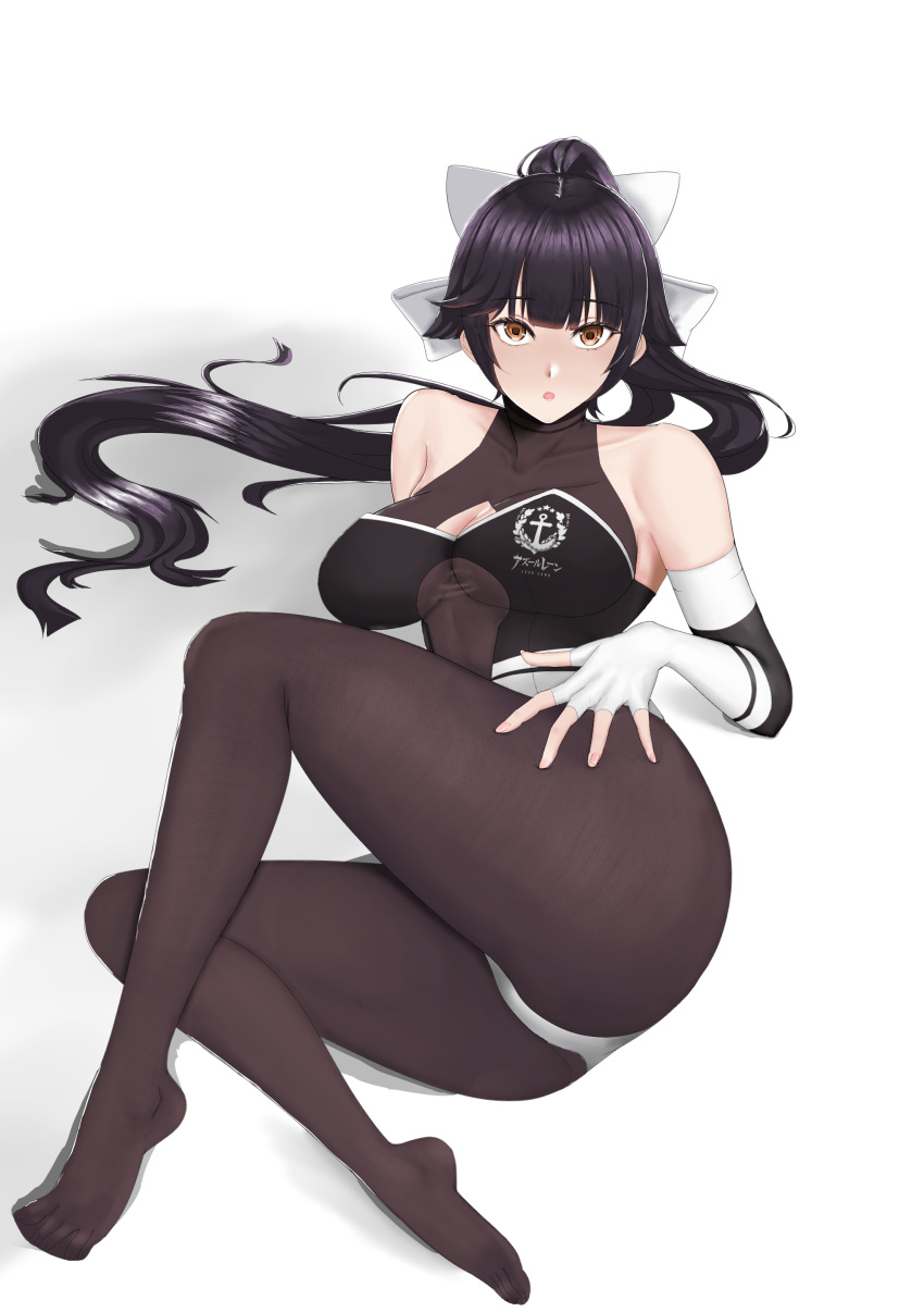 1girl absurdres azur_lane black_hair black_legwear bodystocking brown_eyes cleavage_cutout clothing_cutout fingerless_gloves gloves hair_flaps highres long_hair looking_at_viewer lying mippei on_side pantyhose ponytail race_queen ribbon simple_background solo takao_(azur_lane) takao_(full_throttle_charmer)_(azur_lane) two-tone_leotard unitard white_background white_gloves white_ribbon