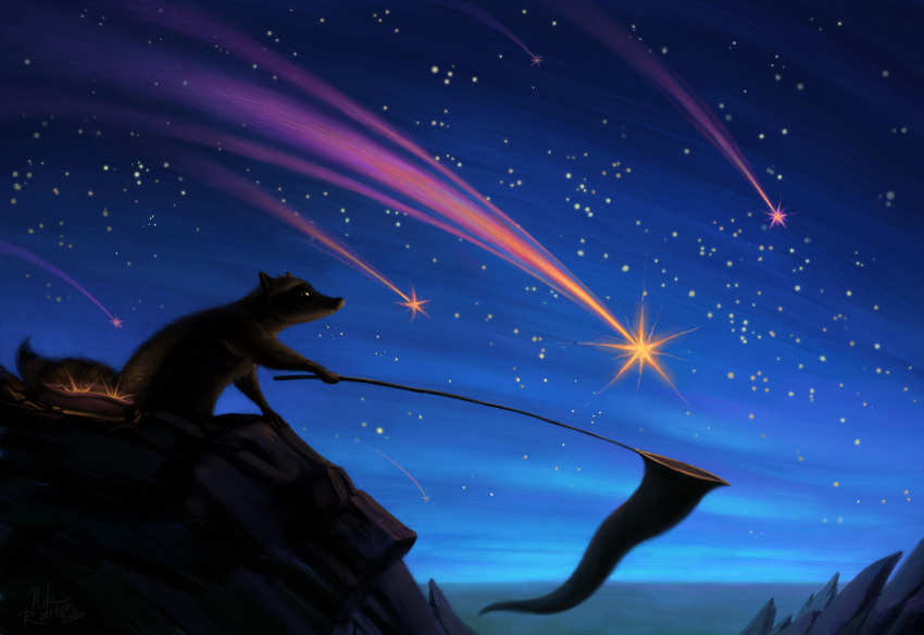 2020 absurd_res ambiguous_gender bug_net detailed_background feral fur hi_res holding_object mammal night nikraccoom outside procyonid raccoon shooting_star sky solo star starry_sky