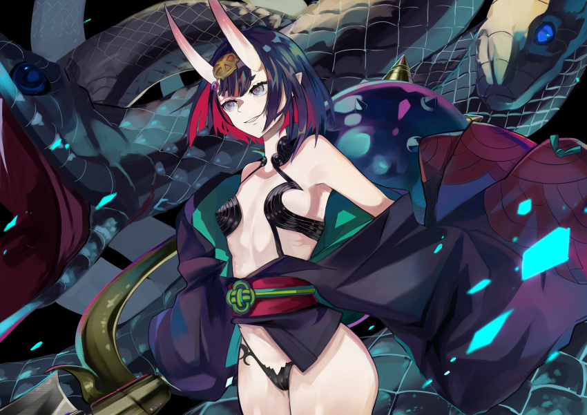 absurdres bangs bob_cut breasts fate/grand_order fate_(series) gourd headpiece highres horns japanese_clothes kimono multiple_heads oni oni_horns open_clothes open_kimono open_mouth pointy_ears purple_eyes purple_hair purple_kimono revealing_clothes san_(harutuki_3) short_eyebrows short_hair shuten_douji_(fate) skin-covered_horns small_breasts smile snake sword thighs weapon yamata_no_orochi