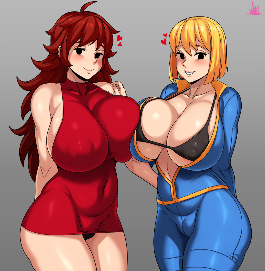 2girls absurdres ahoge arm_behind_back bangs bare_shoulders bikini black_bikini black_eyes black_panties blonde_hair blue_jumpsuit bob_cut breast_press breasts brown_hair cameltoe cleavage closed_mouth collarbone commentary covered_collarbone covered_navel covered_nipples cowboy_shot dress english_commentary eyebrows_visible_through_hair fallout_(series) fallout_4 friday_night_funkin' girlfriend_(friday_night_funkin') gradient gradient_background grey_background grin hair_between_eyes halterneck hand_on_another's_shoulder heart highres huge_breasts impossible_clothes impossible_dress jmg jumpsuit long_hair looking_at_viewer microdress multiple_girls no_pupils no_sclera panties pencil_dress red_dress shiny shiny_hair shiny_skin short_hair signature sleeveless sleeveless_dress smile standing string_bikini swimsuit symmetrical_docking underwear unzipped vault_girl vault_suit