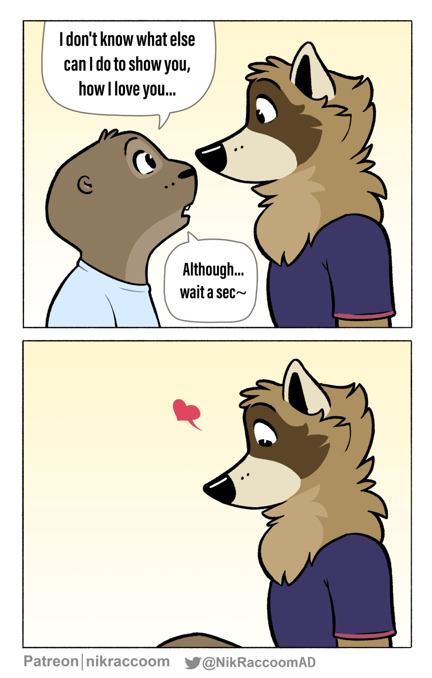 &lt;3 2022 absurd_res anthro anthro_on_anthro brown_body brown_fur clothing comic dialogue duo english_text eye_contact felix_(nik159) fellatio fur hi_res looking_at_another lutrine male male/male mammal mustelid nik_(nik159) nikraccoom oral penile procyonid raccoon sex shirt text topwear